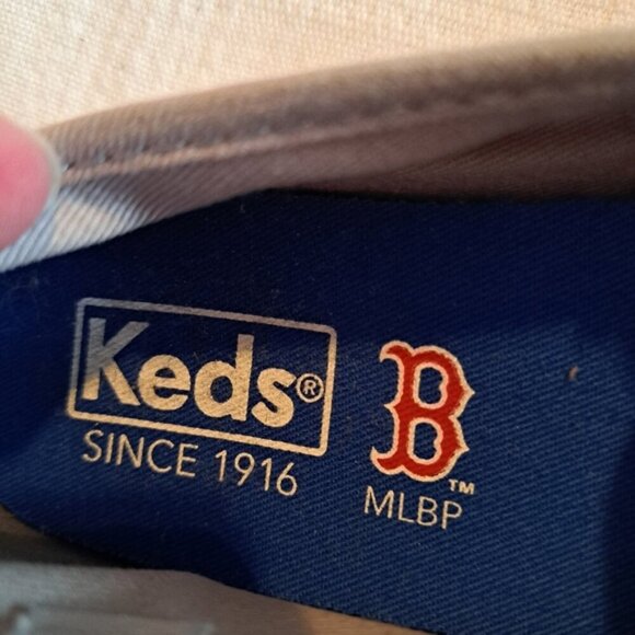 Boston Red Sox women's size 7.5 slip on Keds, gray with red printing, VGUC - Picture 2 of 8